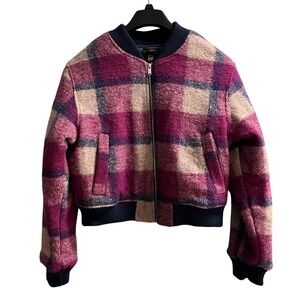 House Of Harlow Jacket Womens Purple Plaid Wool Blend Bomber Cropped Preppy